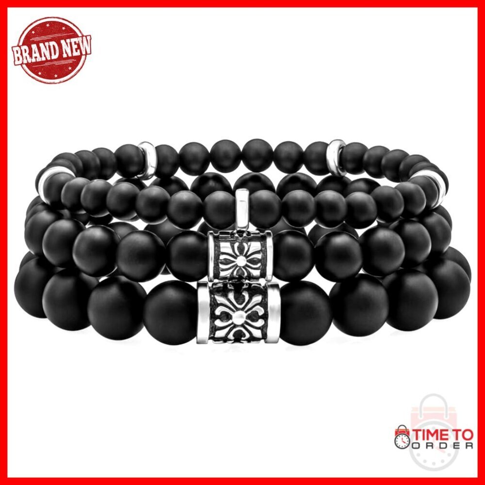 Sterling Silver Onyx Beaded Bracelet, Matte Black Stones, Unisex Sizes S-XL